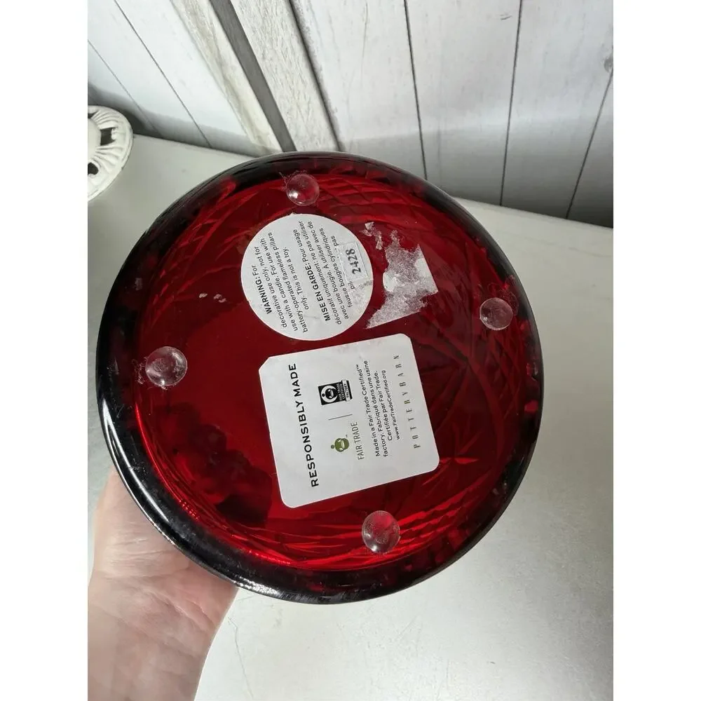 Pottery Barn Red Cut Glass HURRICANE CANDLE HOLDER Ice Bucket Decor Holiday